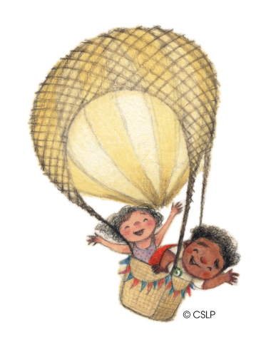 Picture of two children in a hot air balloon
