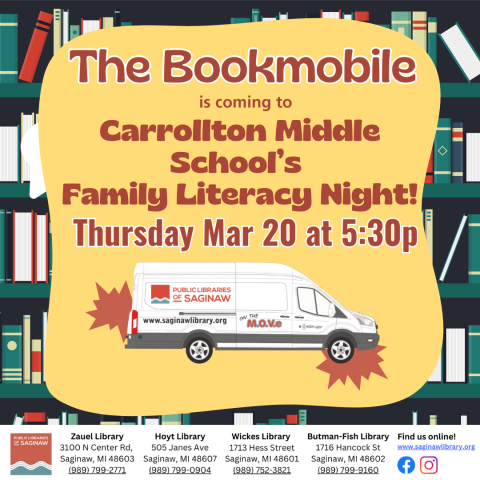 The Bookmobile is coming to Carrollton Elementary School! Family Literacy Night: Thursday March 20th at 5:30p