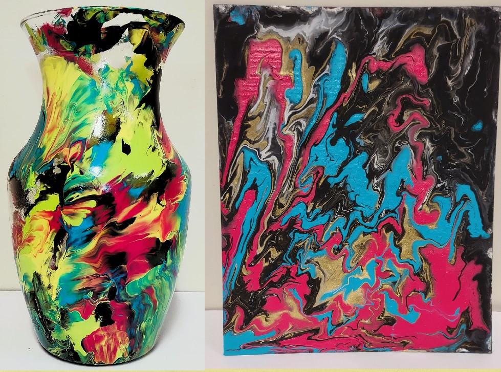 Pour painted vase and canvas with bright colors and black paint