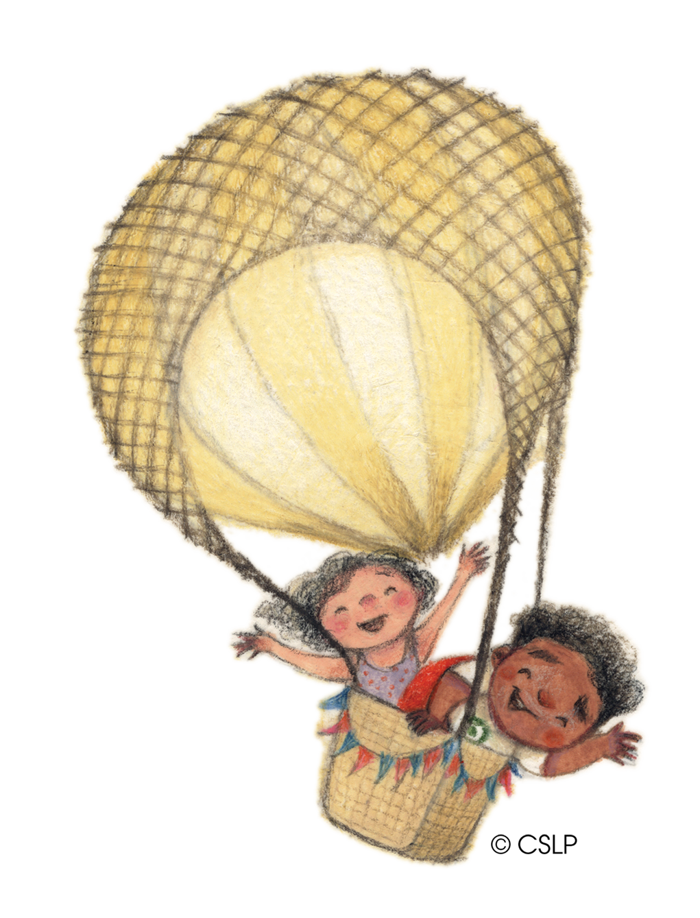 Picture of two children in a hot air balloon