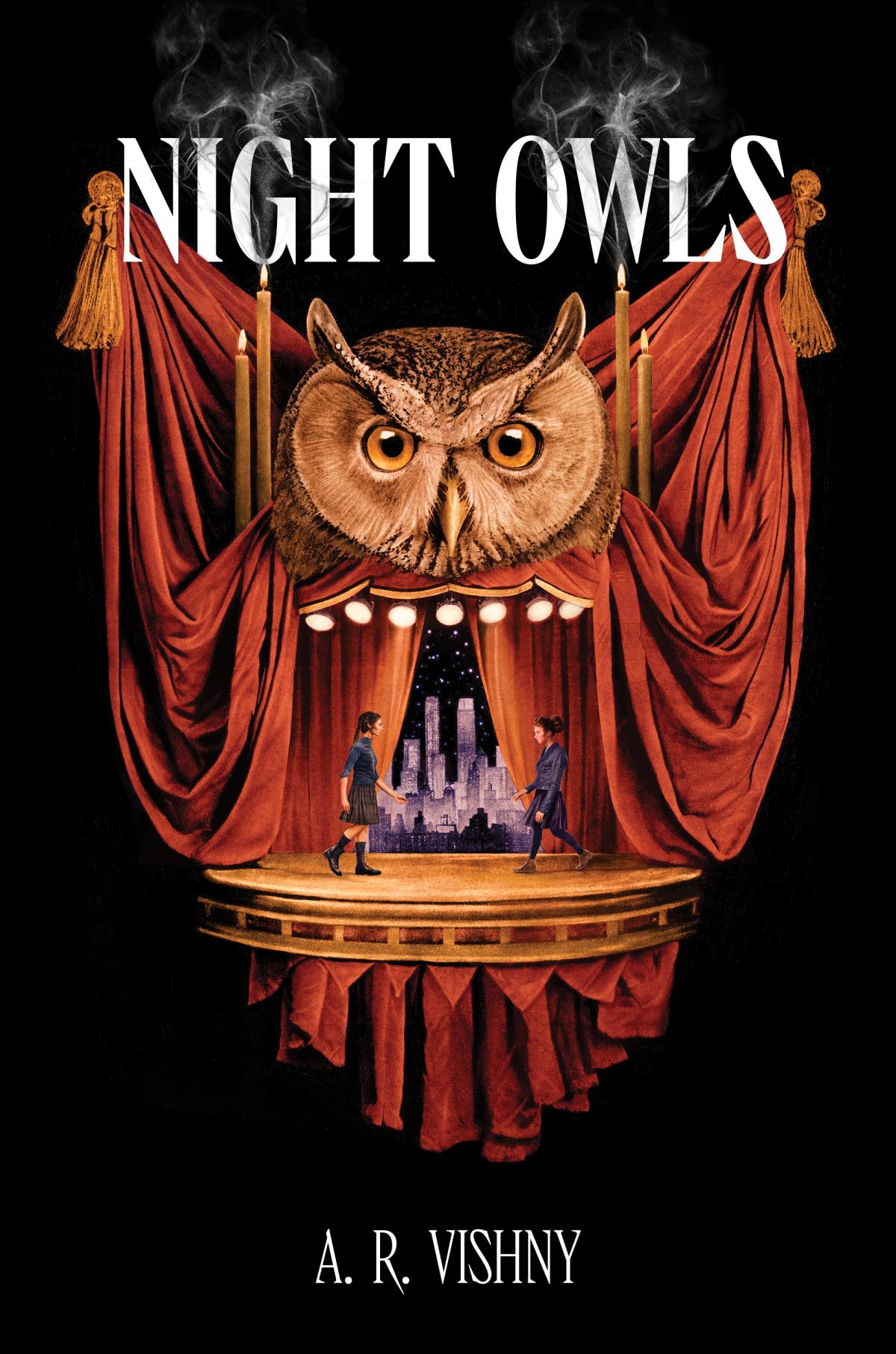 Two girls facing each other on a stage with a large owl overlooking them